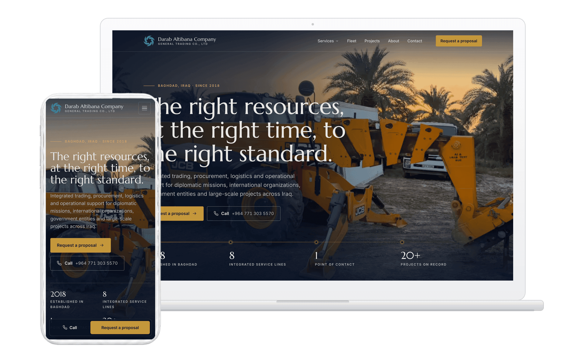 Darab Altibana, A proposal-led website for a contractor supplying equipment, logistics and site services to embassies, agencies and major projects.
